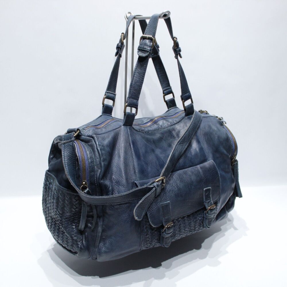 Tano Blue Leather Duffle Bag Travel Luggage Vacation Boho 20" x 12" x 9" (P1)